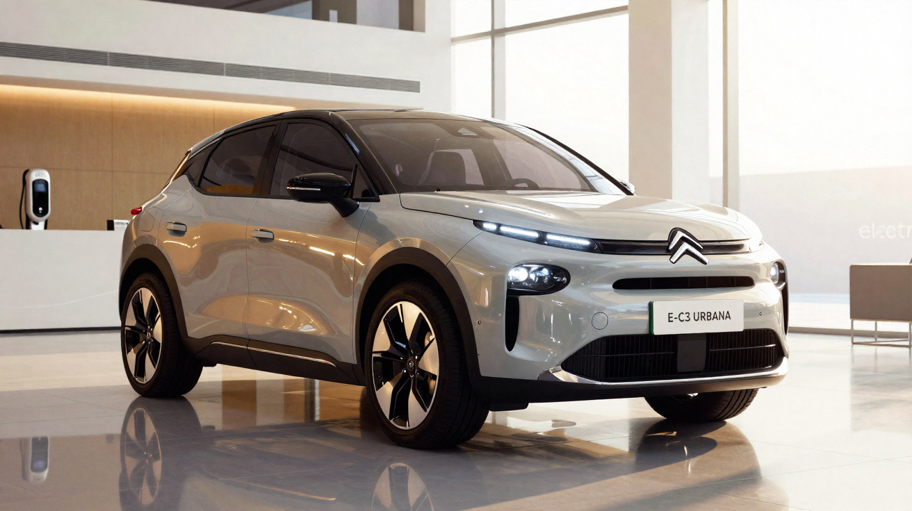 Carro elétrico Citroën E-C3 Urbana cinza exposto em ambiente interno moderno e iluminado.