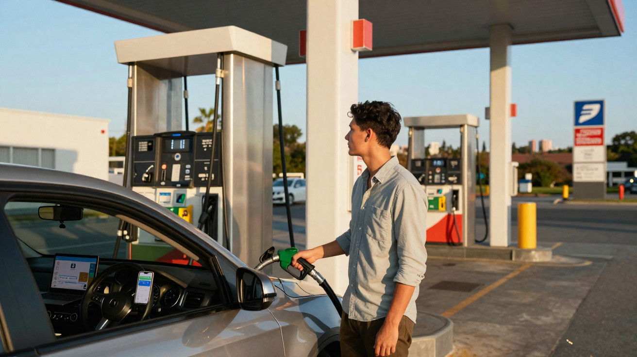 Homem abastecendo carro cinza em posto de gasolina ao ar livre durante o dia.