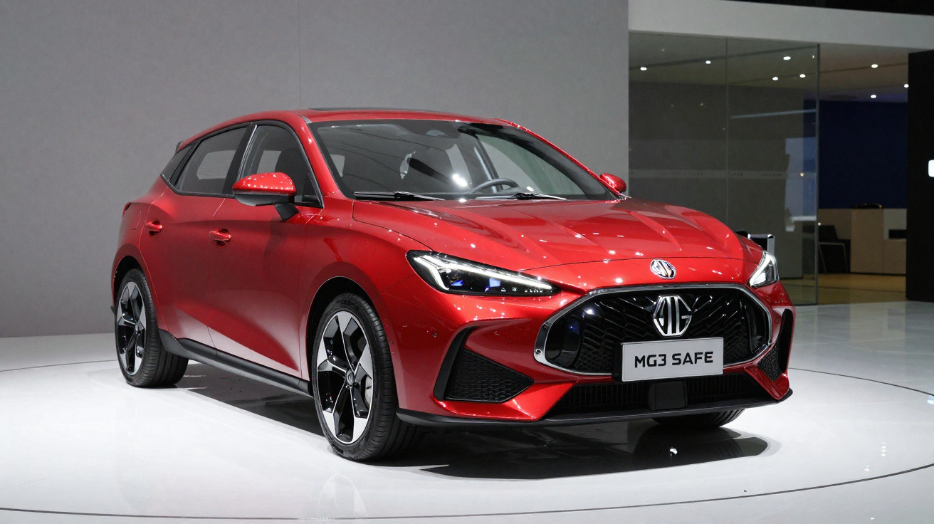 Carro vermelho MG3 SAFE estacionado em ambiente interno, destaque para grade frontal e faróis modernos.