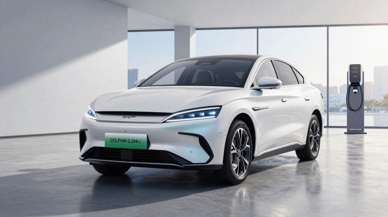 Carro elétrico branco Dolphin G DM-i estacionado em ambiente interno com carregador elétrico ao fundo.
