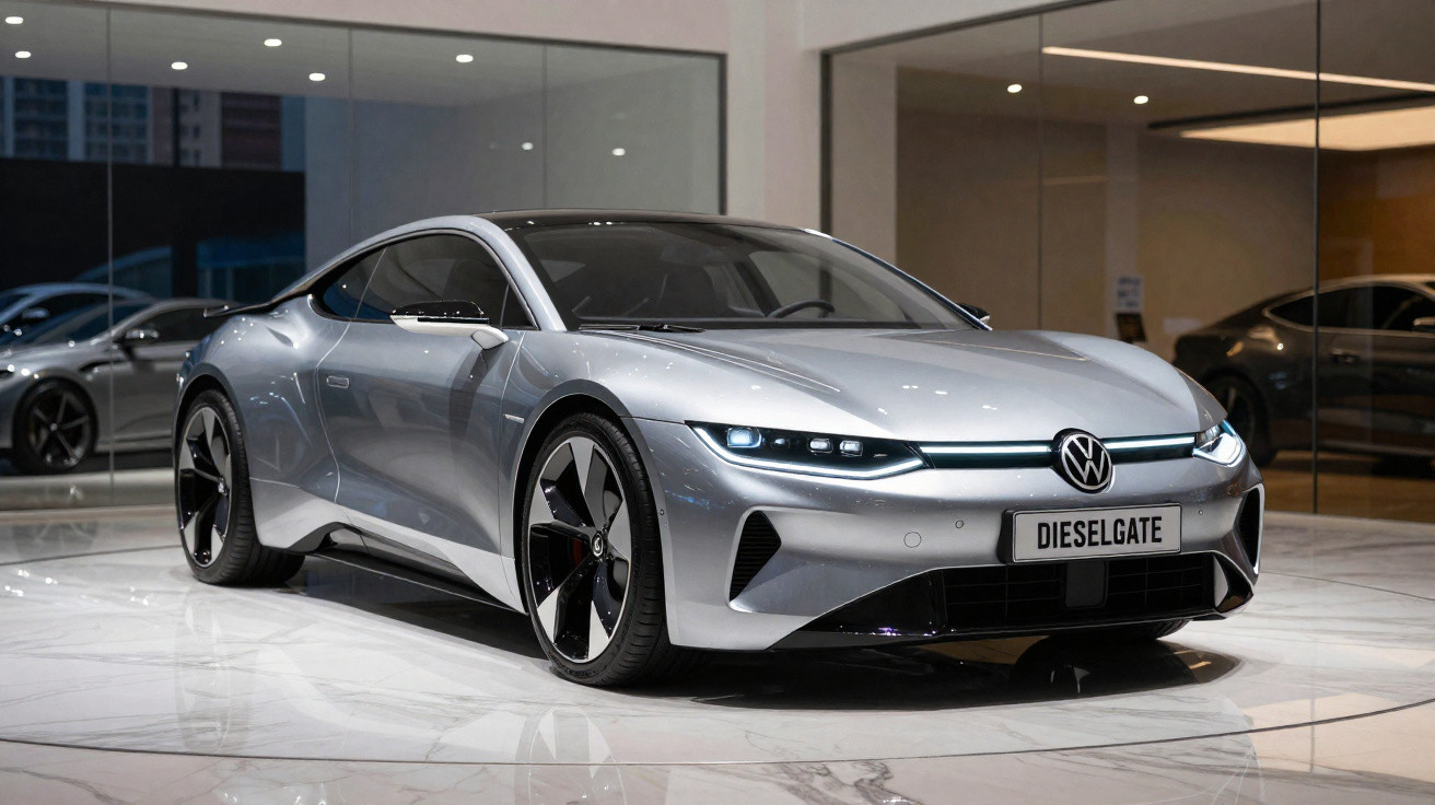 Carro esportivo elétrico prata Volkswagen em showroom com luzes LED ligadas e placa personalizada Dieselgate.