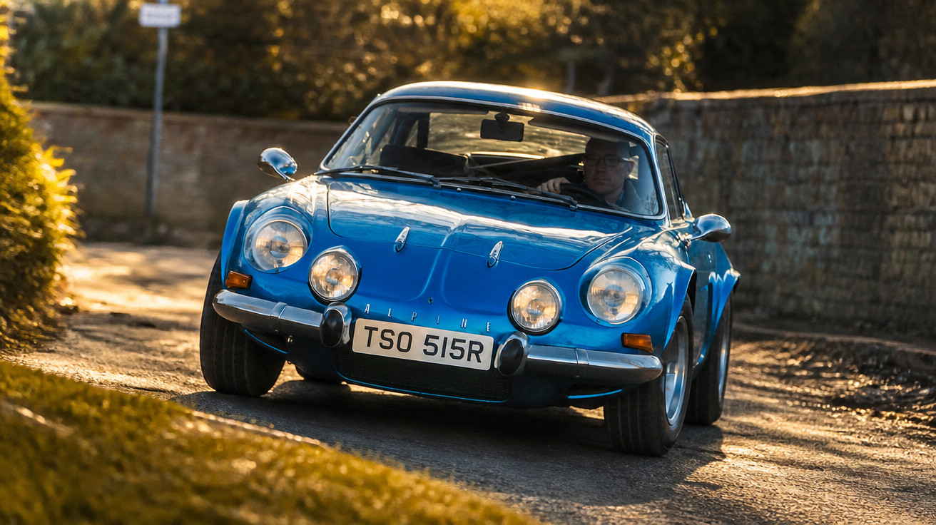 Carro esportivo azul clássico Alpine A110 dirigindo em estrada ensolarada com muro de pedra ao lado.