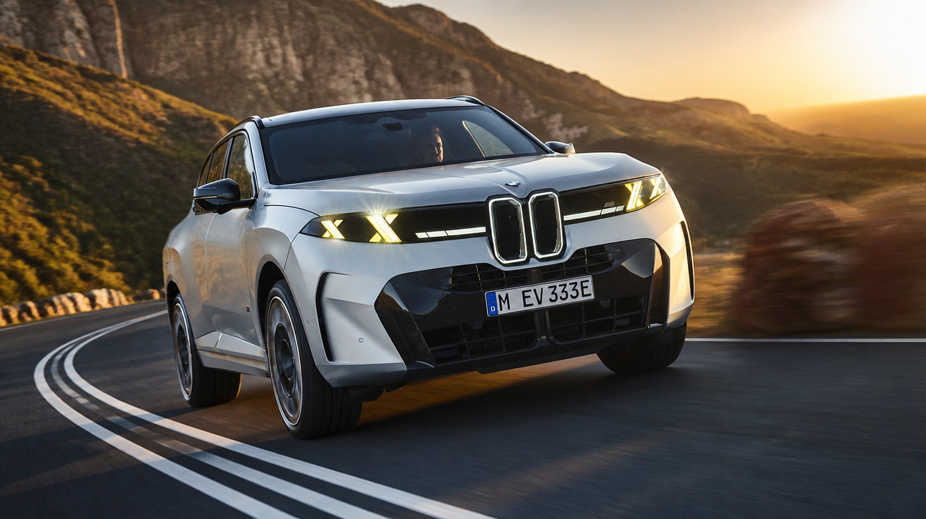 Carro elétrico BMW branco em estrada sinuosa com montanhas ao fundo durante pôr do sol.