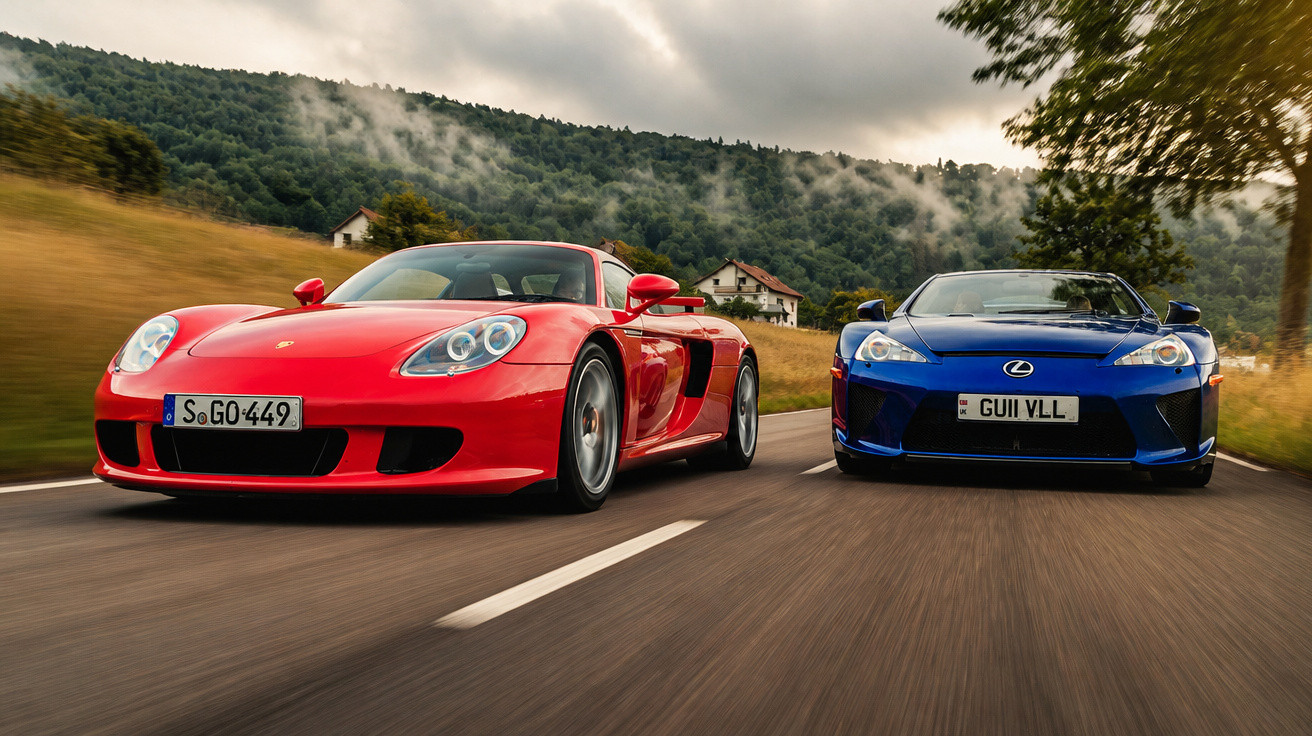Dois carros esportivos, um vermelho e um azul, em alta velocidade em estrada rural com colinas ao fundo.