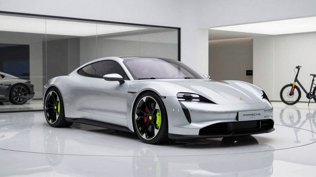Carro esportivo elétrico Porsche Taycan prata em ambiente moderno e minimalista.