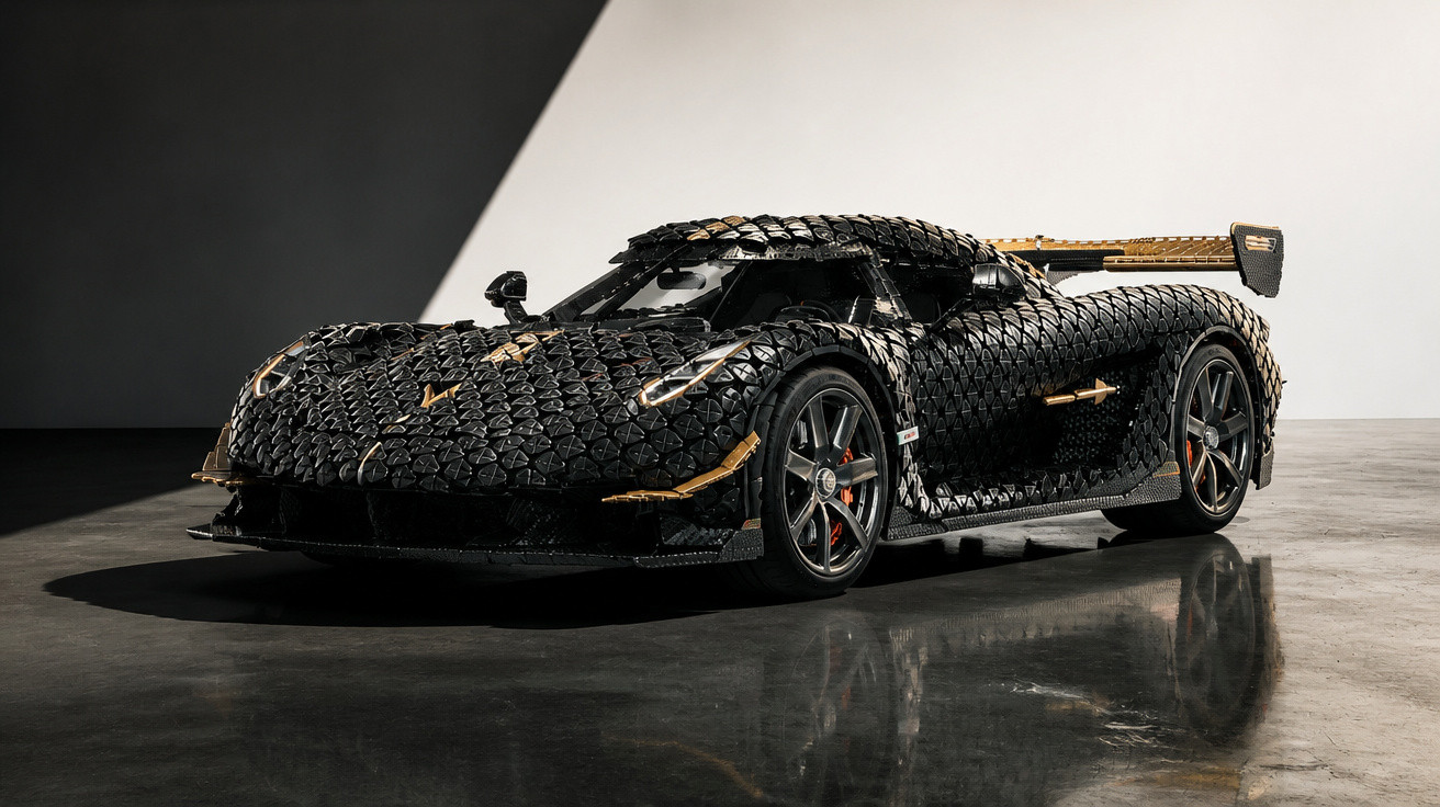Carro esportivo preto com detalhes dourados, feito de peças LEGO, em ambiente com piso refletivo.