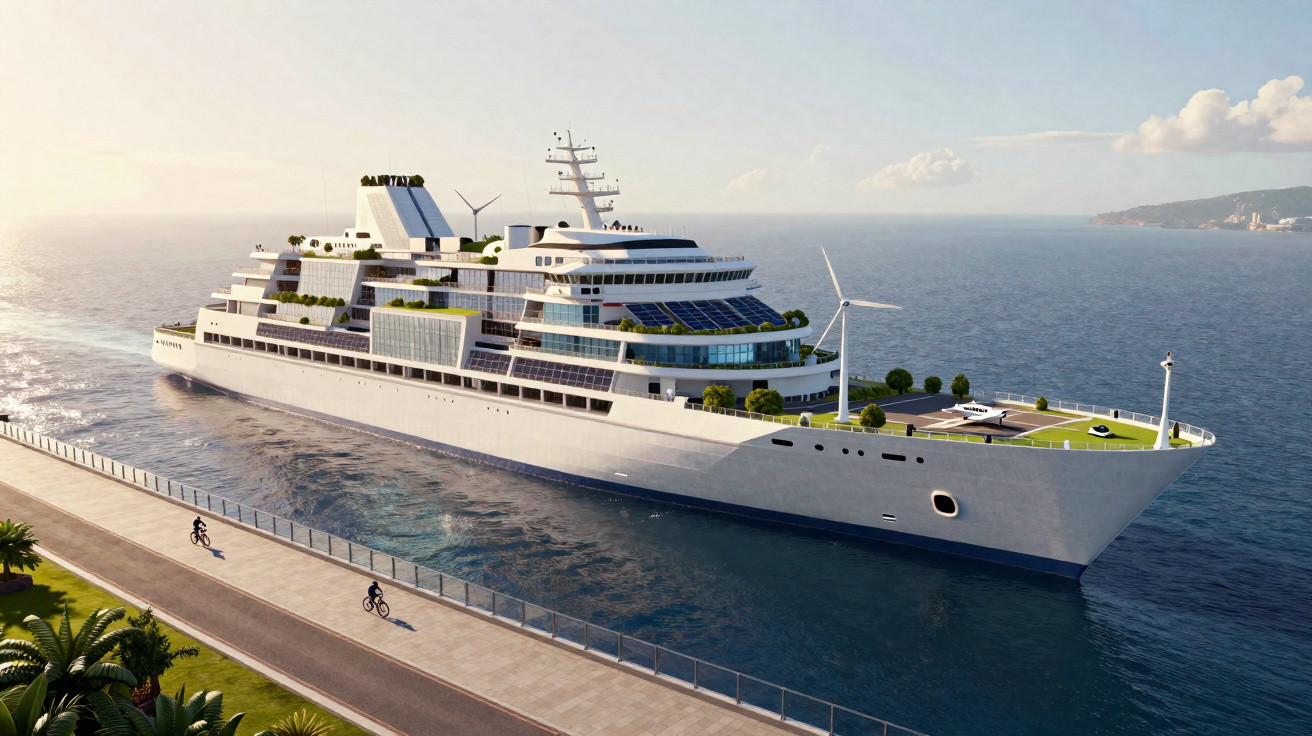 Navio de cruzeiro moderno atracado próximo a calçadão com ciclistas, em mar calmo ao pôr do sol.