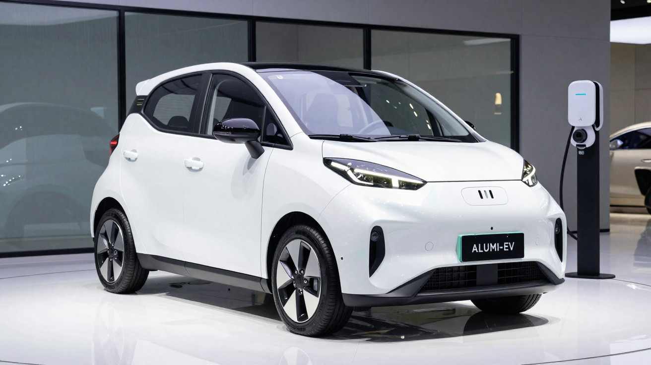 Carro elétrico branco compacto modelo Alumi-EV exibido em showroom, com estação de carregamento ao lado.