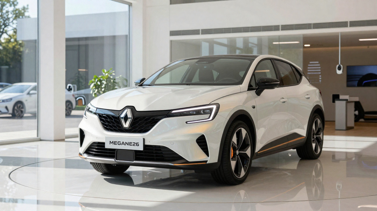 Carro branco Renault Megane E-Tech 2026 em exposição em showroom moderno e iluminado.