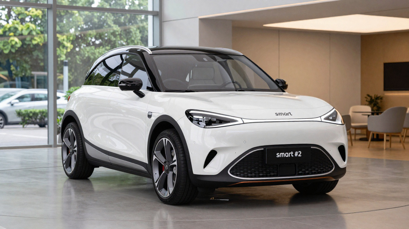 Carro elétrico Smart #2 branco com teto preto exibido em showroom moderno e iluminado.