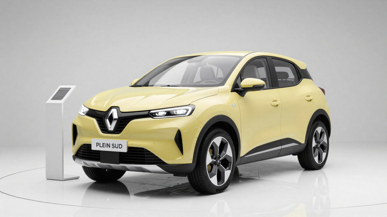 Carro elétrico Renault amarelo em estúdio, modelo compacto com luzes de LED e detalhes em preto.