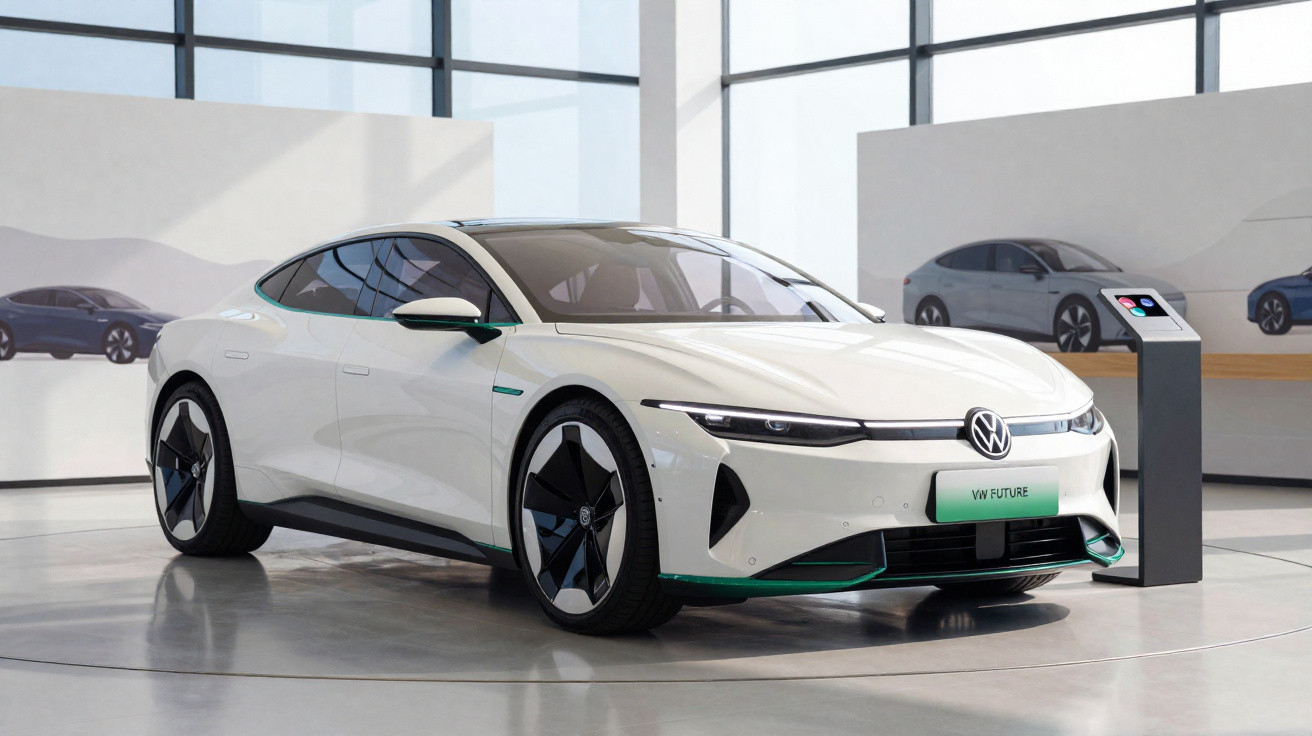 Carro elétrico branco Volkswagen VW Future exposto em showroom moderno e iluminado.