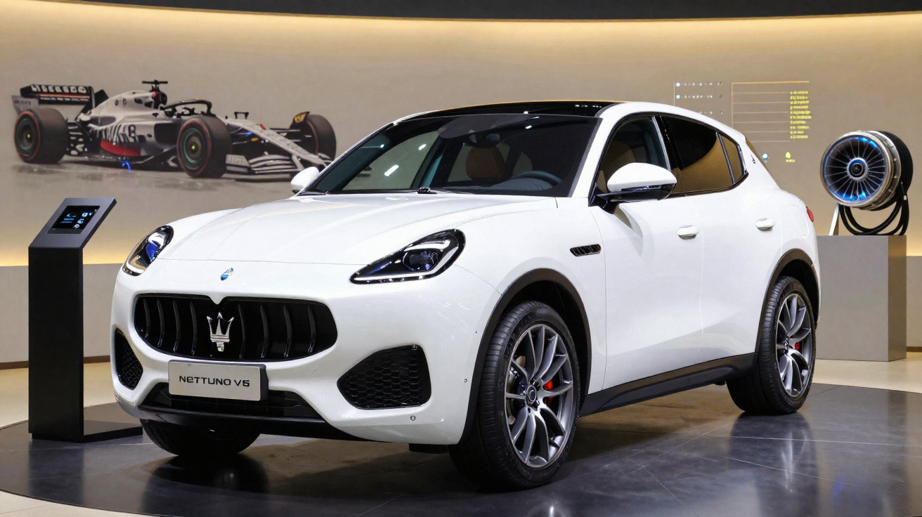 Carro branco Maserati Nettuno V6 exposto em showroom com design esportivo e moderno.