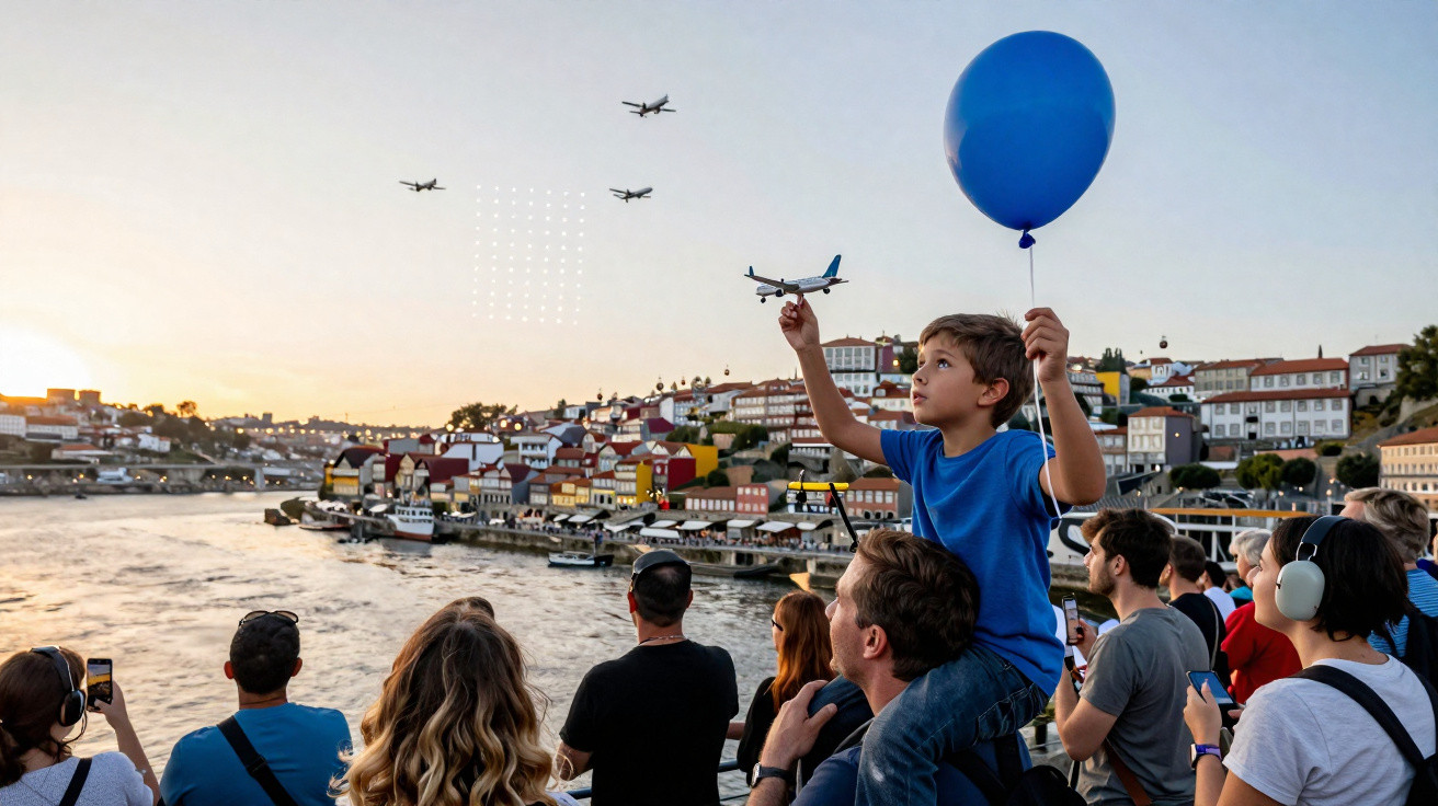 Criança com balão azul no ombro do adulto observa aviões voando sobre rio e cidade ao pôr do sol.