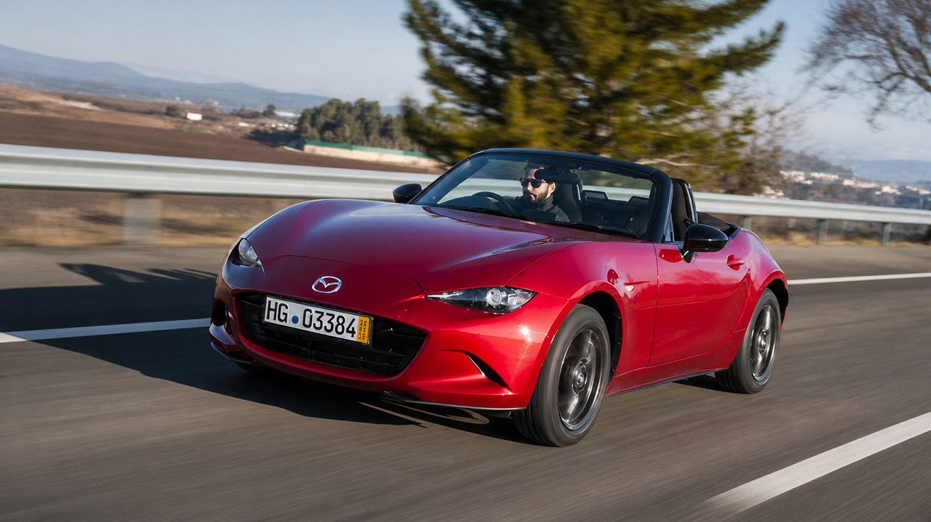 Carro esportivo conversível vermelho Mazda em movimento numa estrada com motorista usando óculos escuros.