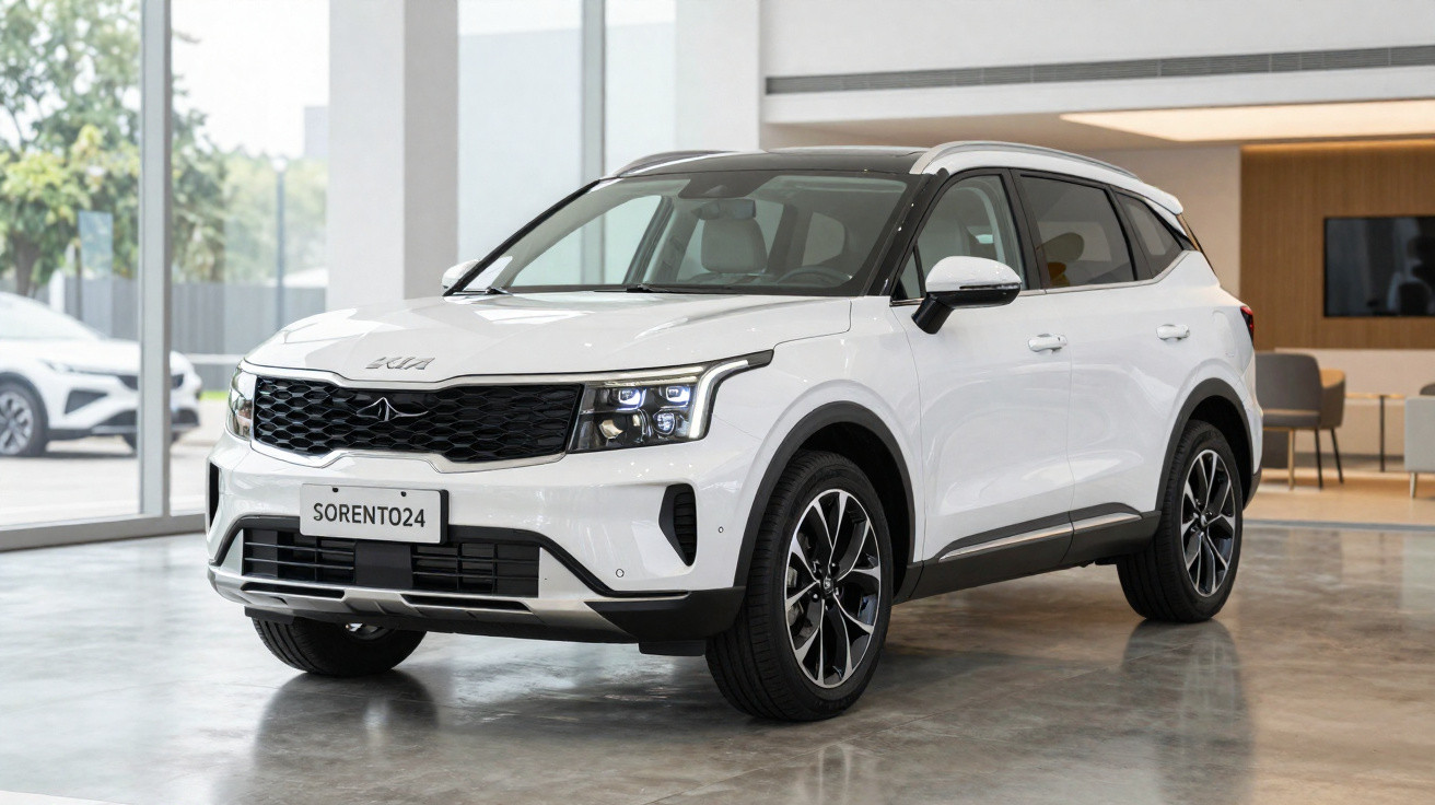 SUV branco Kia Sorento 2024 em exibição dentro de concessionária com piso de concreto polido.