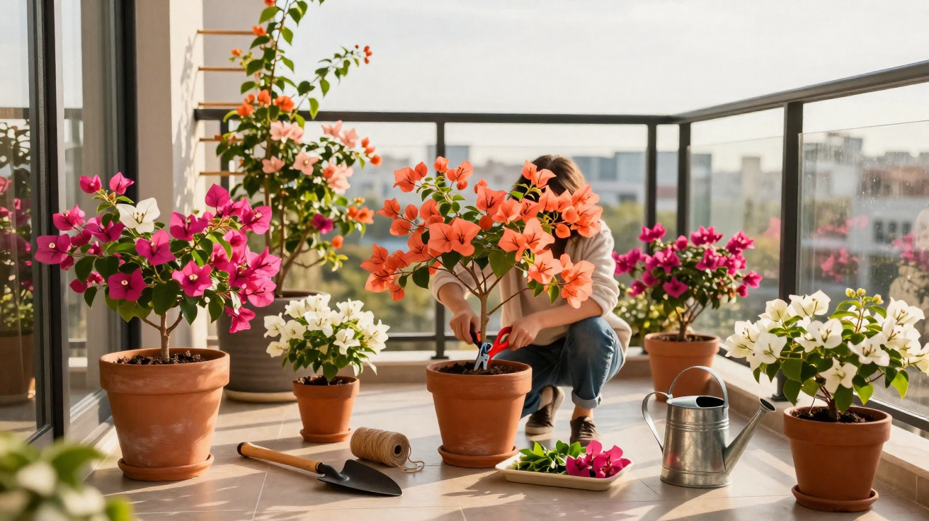 Pessoa cuidando de vasos com flores coloridas em varanda ensolarada, com regador e ferramentas ao redor.