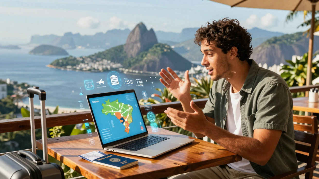 Homem mexendo em laptop com mapa do Brasil, passaporte e mala, com vista do Pão de Açúcar ao fundo no Rio.