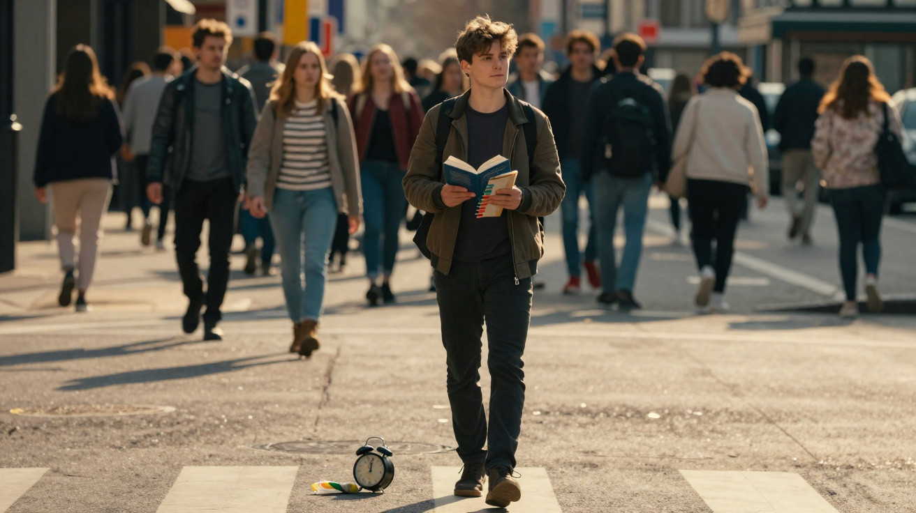 Jovem com mochila lendo livro atravessa rua, despertador no chão e várias pessoas ao fundo.