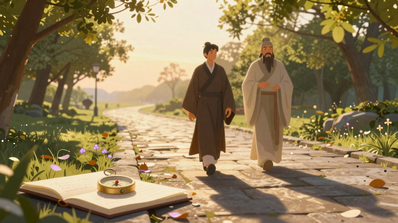 Dois homens trajando roupas tradicionais caminham por um caminho de pedra em uma paisagem ao pôr do sol.