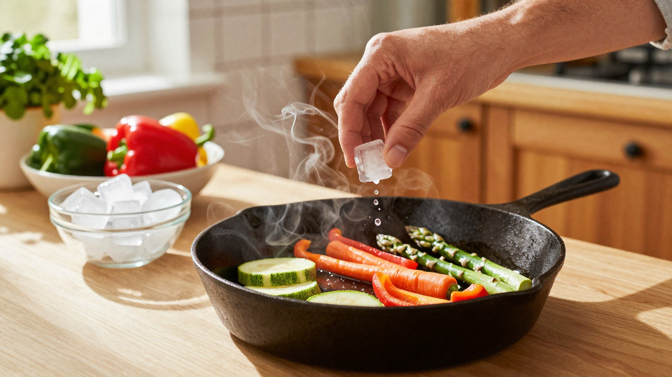 Mão adiciona cubo de gelo em frigideira com legumes grelhando em cozinha iluminada.