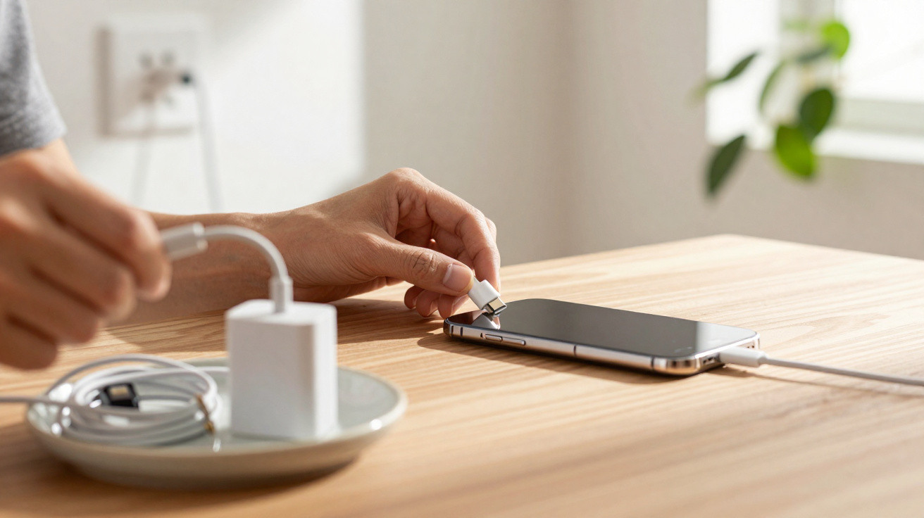 Mão conectando cabo USB-C para carregar celular sobre mesa de madeira clara em ambiente iluminado.