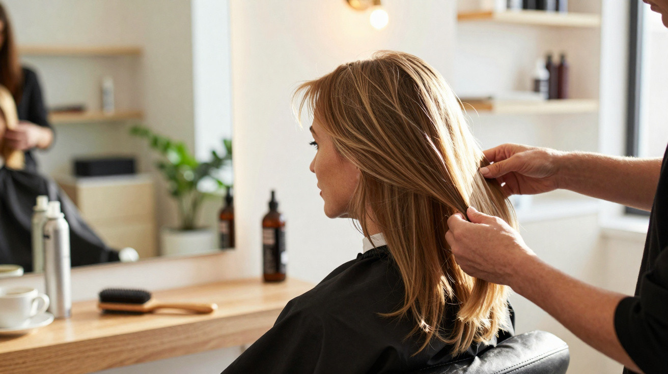 Cliente loira sentada em cadeira de salão enquanto cabeleireiro arruma seu cabelo.