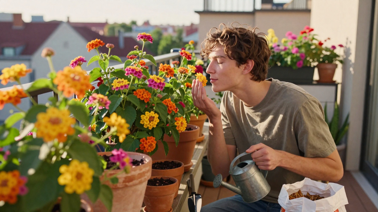 Jovem regando e cheirando flores coloridas em vasos na varanda de apartamento ensolarado.