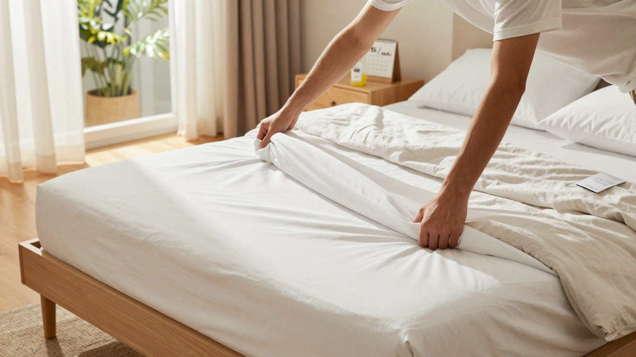 Pessoa estendendo lençol branco em cama de madeira em quarto iluminado por luz natural.