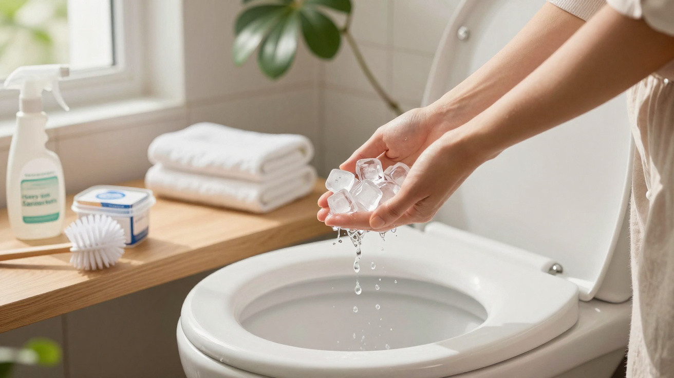 Mãos segurando cubos de gelo sobre vaso sanitário aberto em banheiro com itens de limpeza ao lado.
