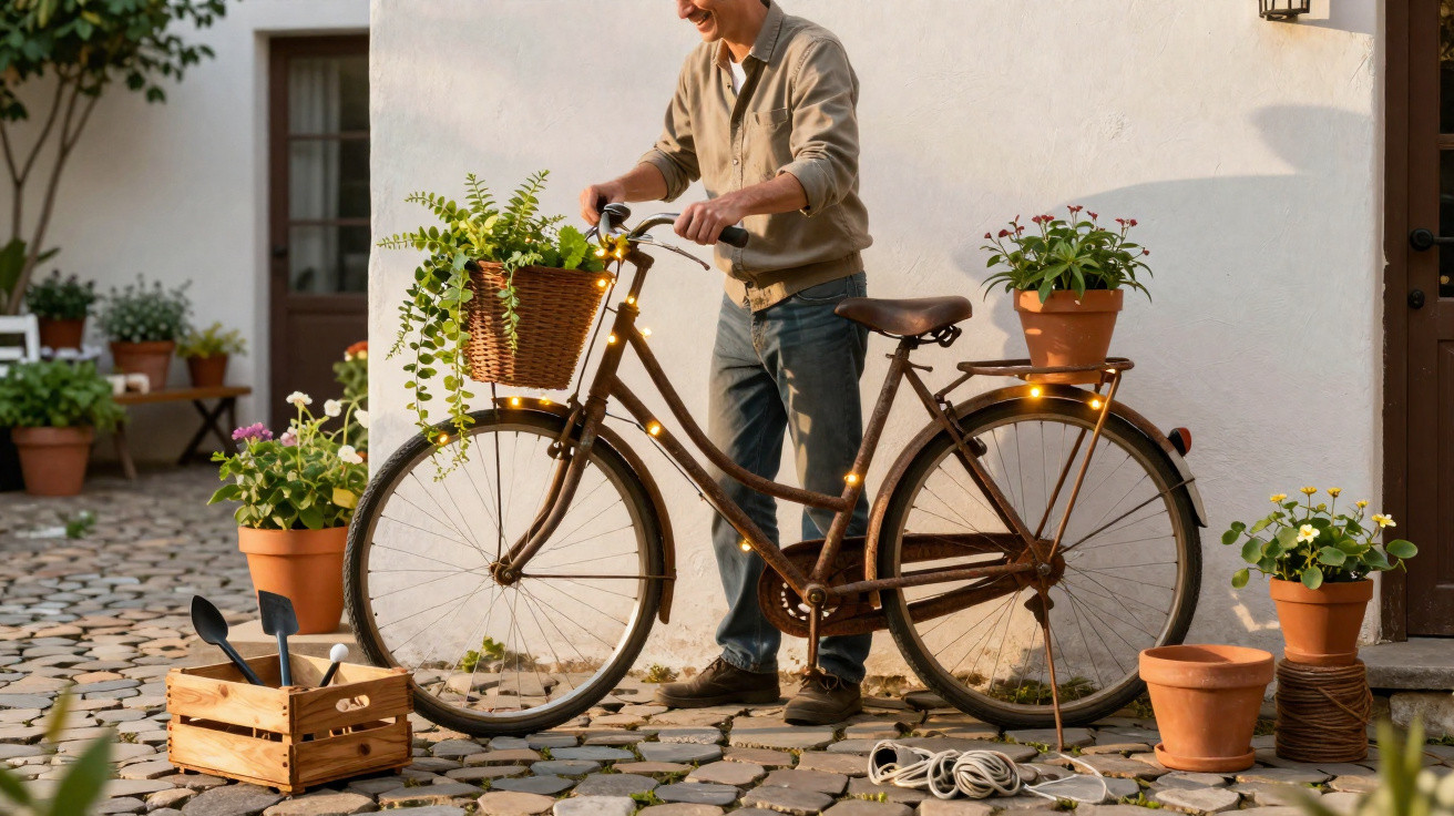 Homem em pátio de pedra decorando bicicleta com plantas em vasos e luzes amarelas ao entardecer.