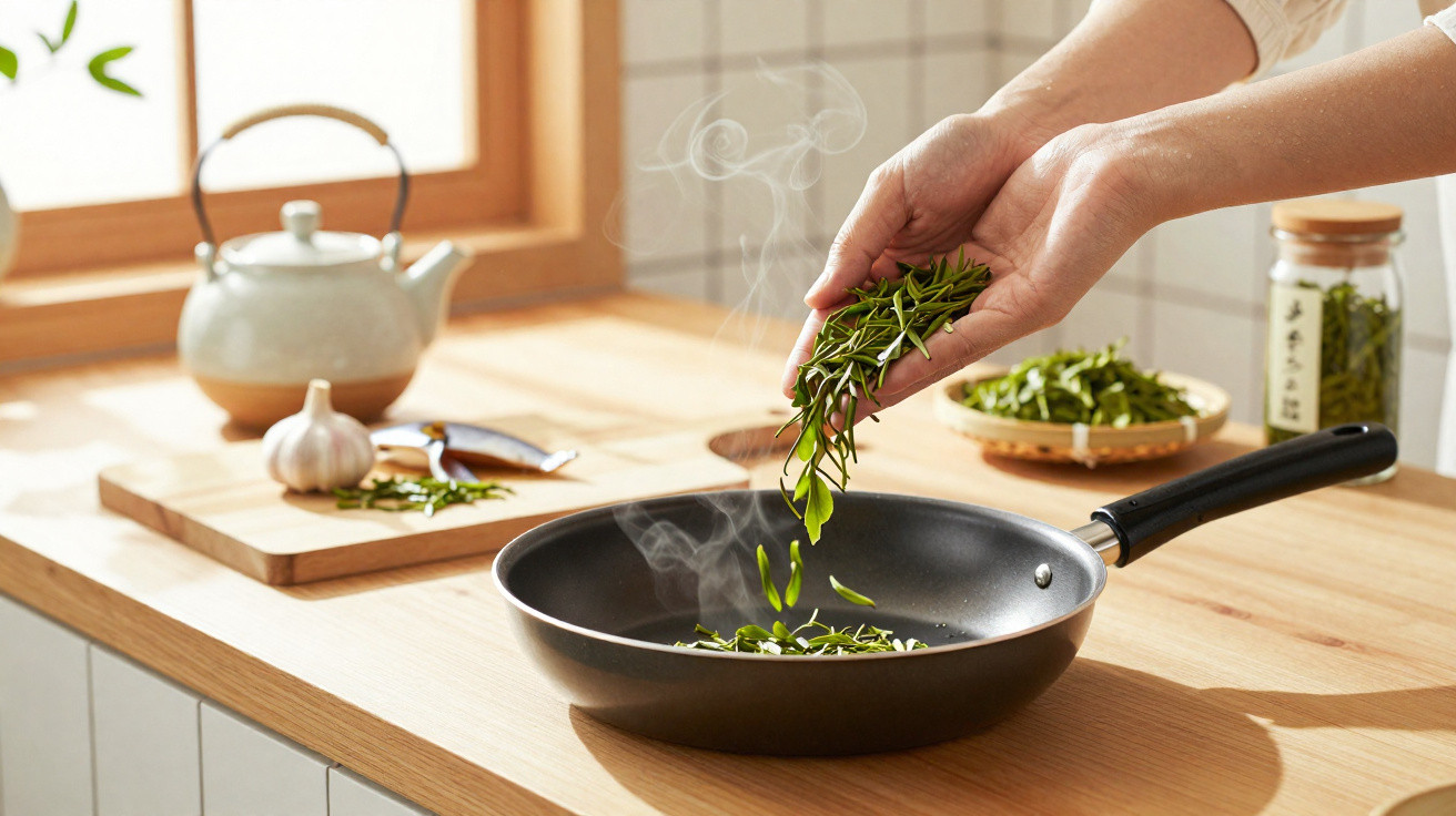 Mão colocando folhas verdes em frigideira quente em cozinha clara com utensílios ao fundo.