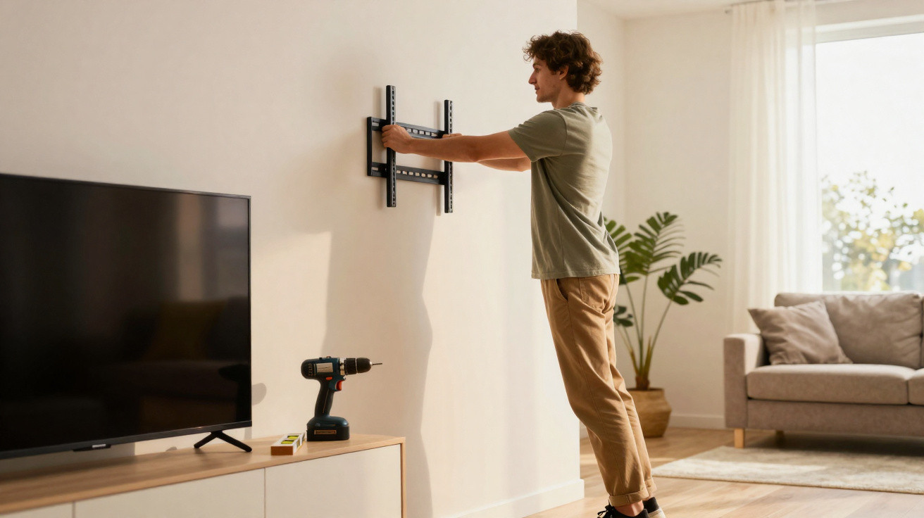 Homem instalando suporte de TV na parede em sala com sofá, planta e janela com cortina branca.