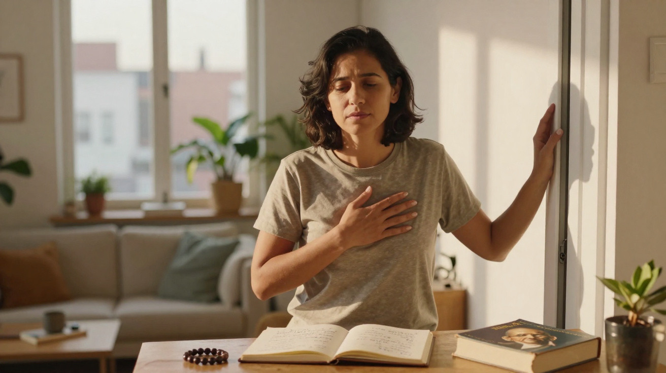 Mulher sentada com a mão no peito em expressão de dor, em ambiente acolhedor com livros e plantas ao redor.