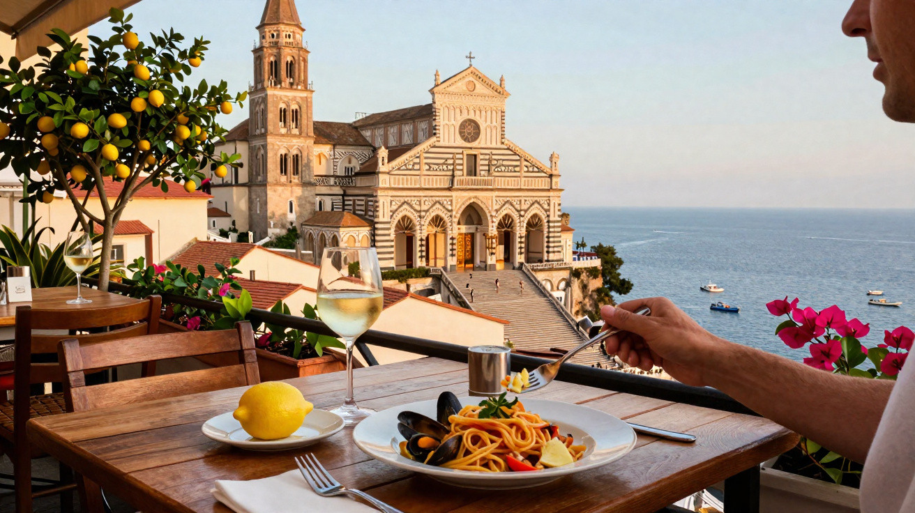 Pessoa comendo prato de massa em varanda com vista para igreja histórica e mar ao fundo em dia ensolarado.
