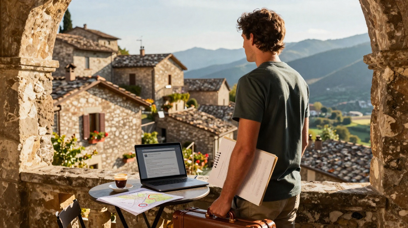 Homem de pé em varanda de pedra com laptop e mapas, olhando para casas e montanhas ao longe.