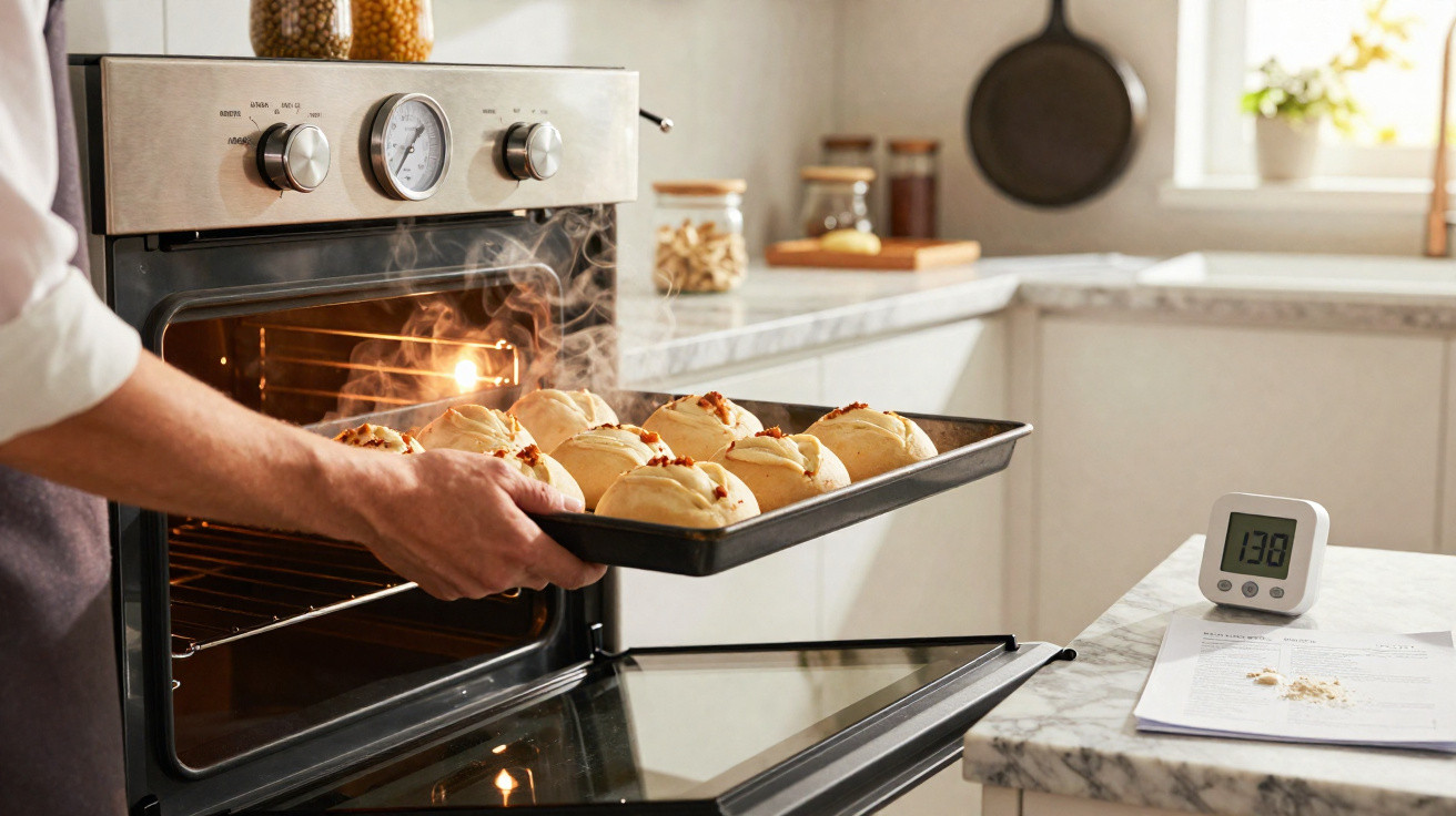 Pessoa retirando pão quente do forno em cozinha clara com termômetro digital e receitas na bancada.