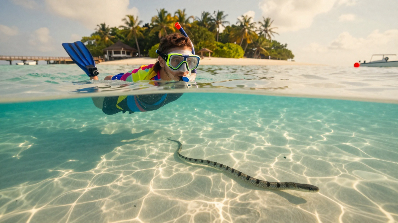 Pessoa mergulhando com snorkel e nadadeiras observa cobra marinha em águas transparentes próximas a ilha tropical.