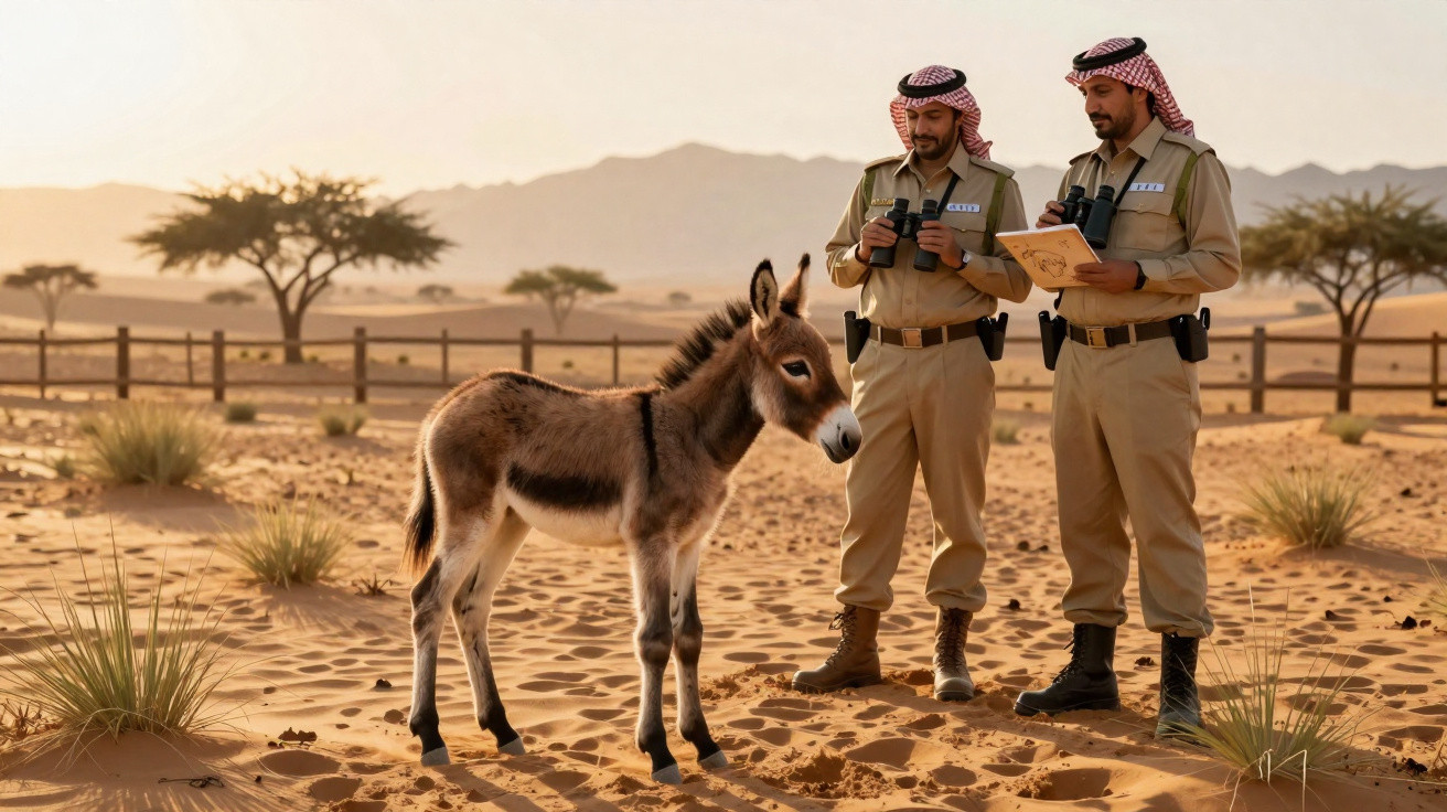 Dois homens uniformizados observam um filhote de burro no deserto ao amanhecer.
