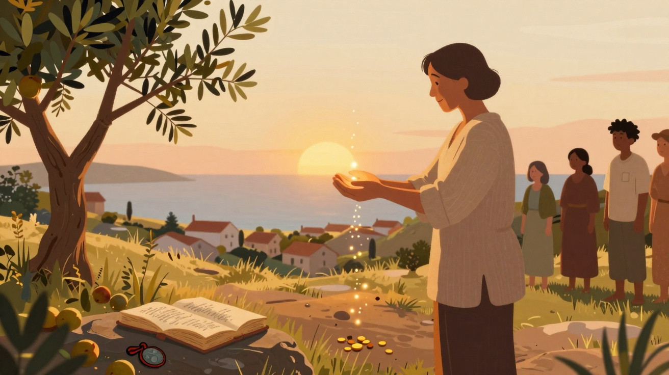 Mulher segura luz mágica ao pôr do sol com pessoas e vilarejo ao fundo em paisagem rural.