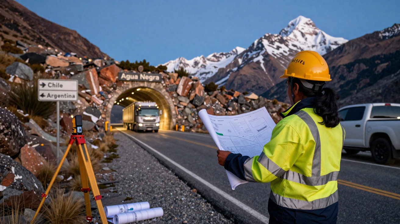 Engenheira observa plantas junto a túnel Água Negra entre Chile e Argentina, com caminhão e montanha ao fundo.