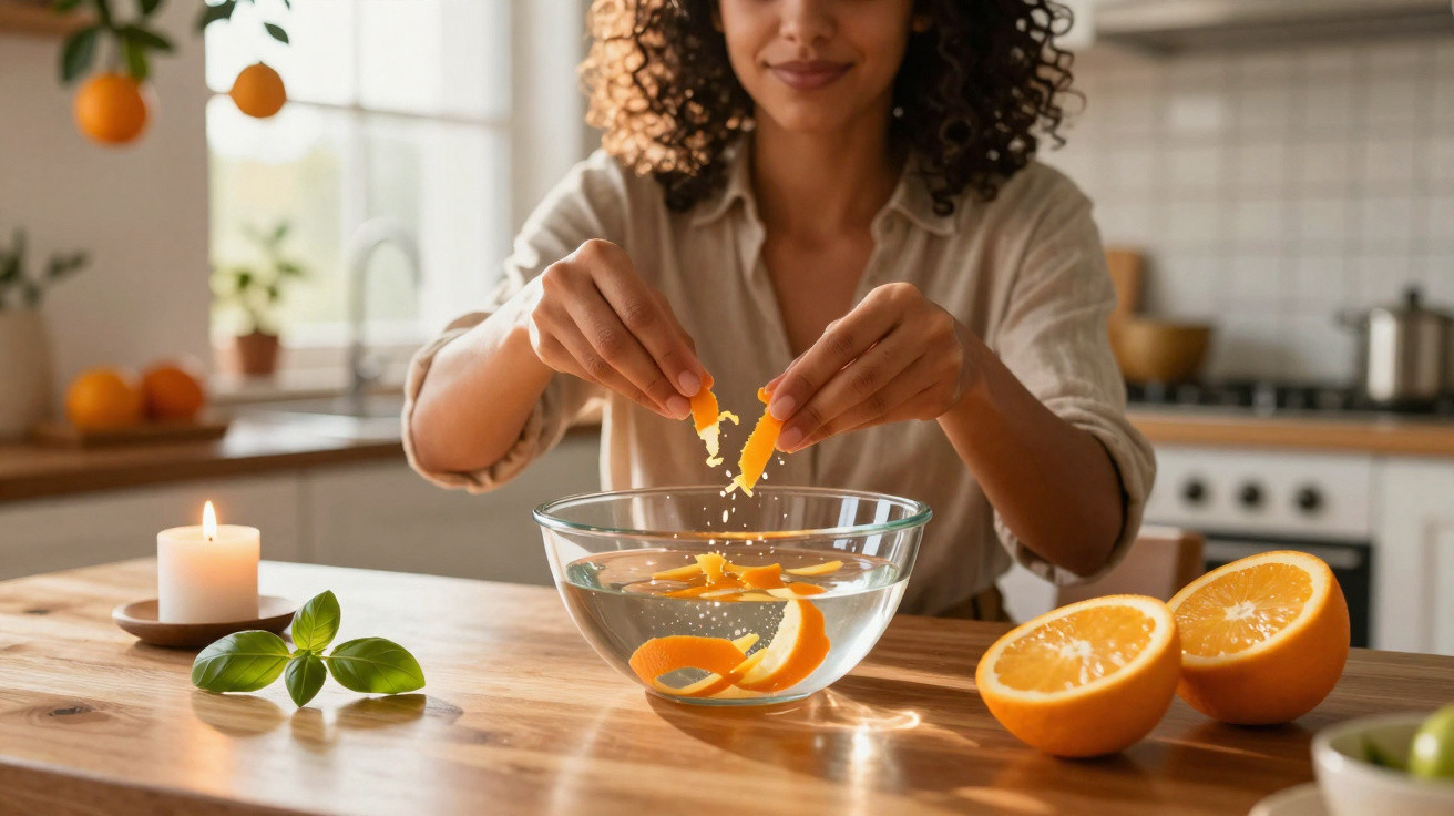 Mulher descascando casca de laranja em uma tigela de vidro na cozinha iluminada.