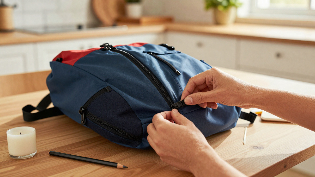 Mãos fechando o zíper de uma mochila azul sobre mesa de madeira em ambiente claro e organizado.