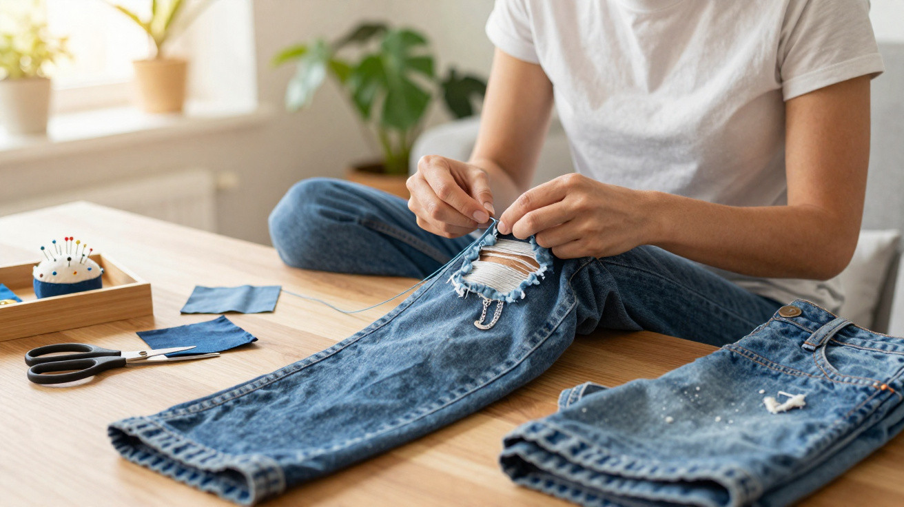 Pessoa costurando um rasgo em calça jeans azul sobre mesa com ferramentas de costura.