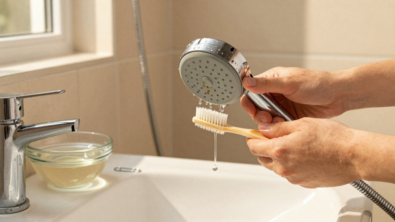 Pessoa segurando escova de dentes enquanto enxágua com água de chuveirinho na pia do banheiro.