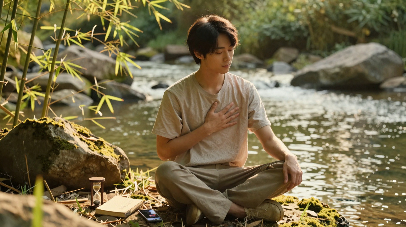 Jovem meditando às margens de um rio, sentado em posição de lótus, com uma mão no peito e a outra no joelho.