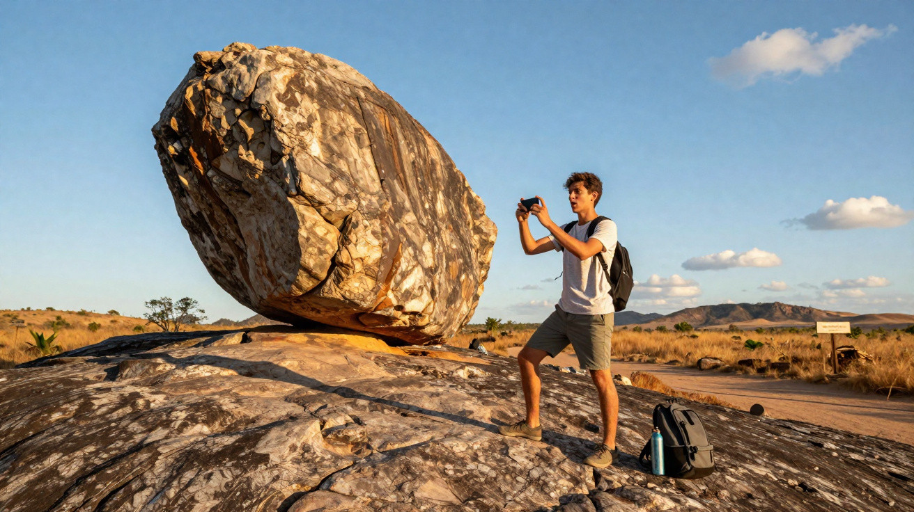 Jovem com mochila tirando foto de pedra grande escorada em outra no parque, sob céu azul com poucas nuvens.
