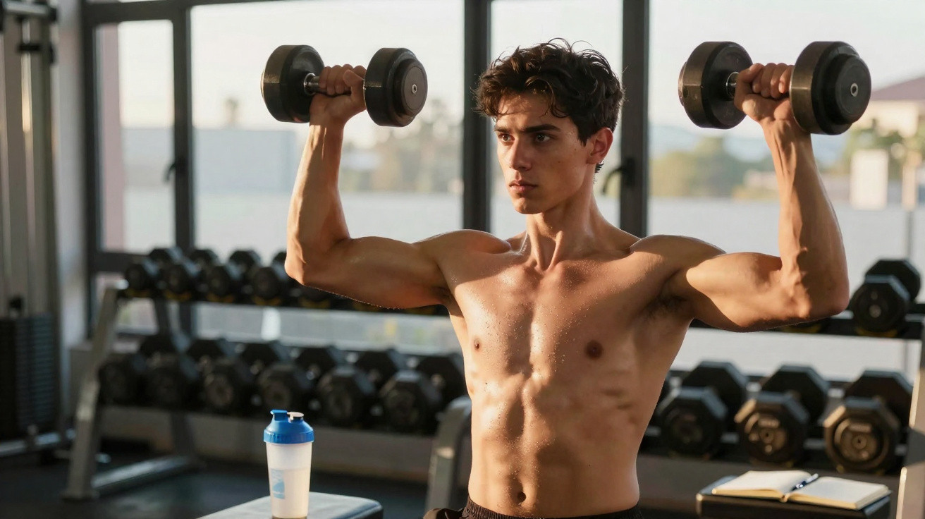 Jovem musculoso levantando halteres em academia com expressão focada e garrafa de água próxima.
