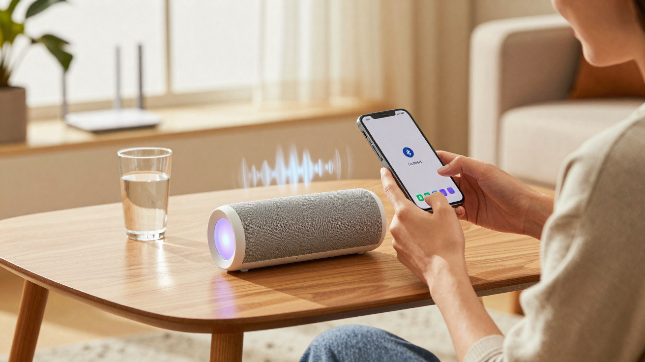 Pessoa conectando celular a caixa de som Bluetooth em mesa de madeira em sala iluminada.