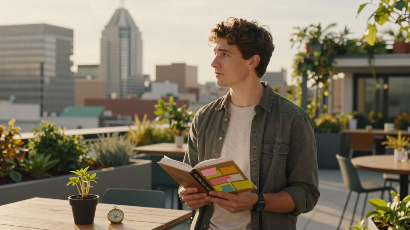 Homem jovem segurando livro com post-its em terraço urbano, olhando para o lado ao pôr do sol.